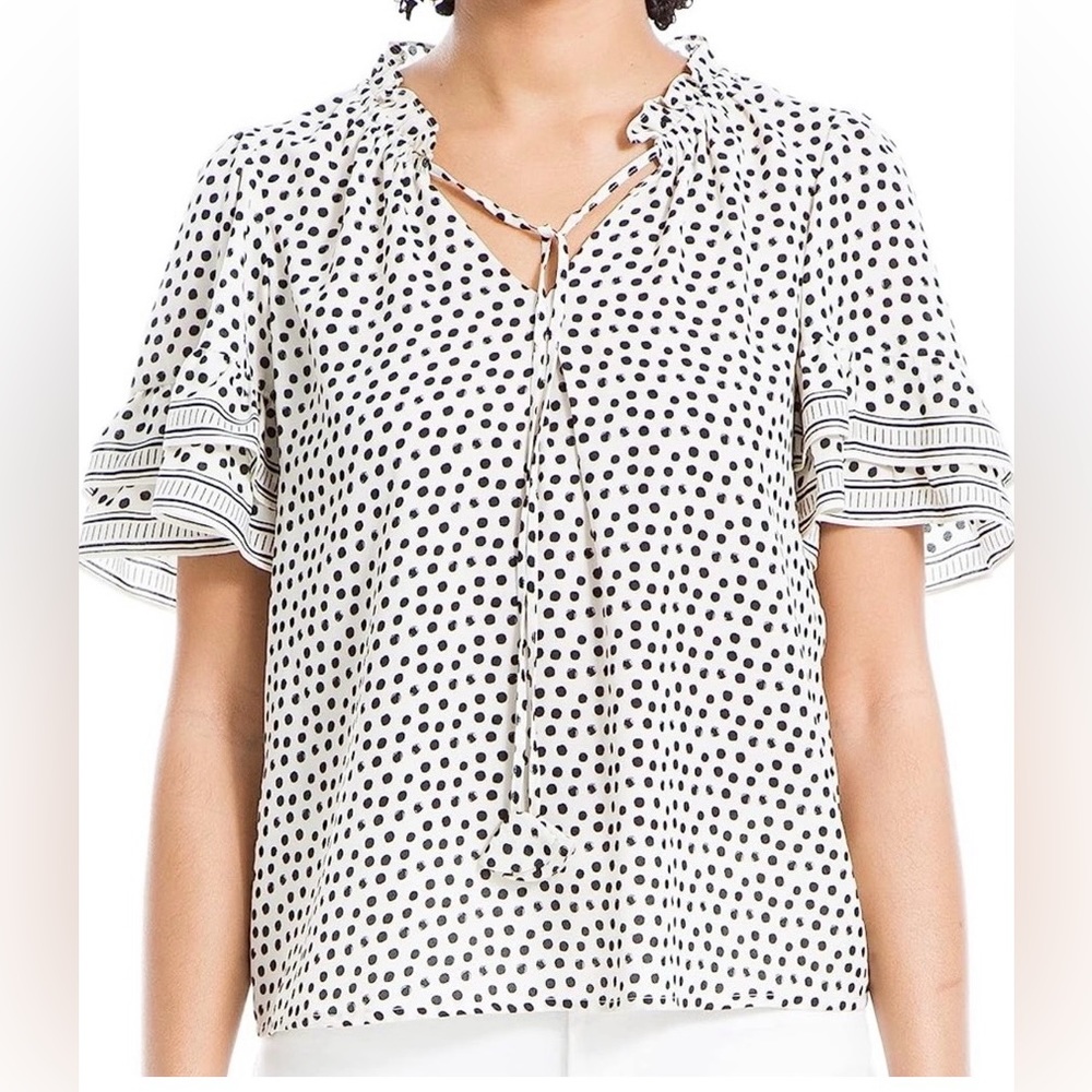 Max Studio Short Sleeve Polka Dot Ruffle Tie Neck Boho Top